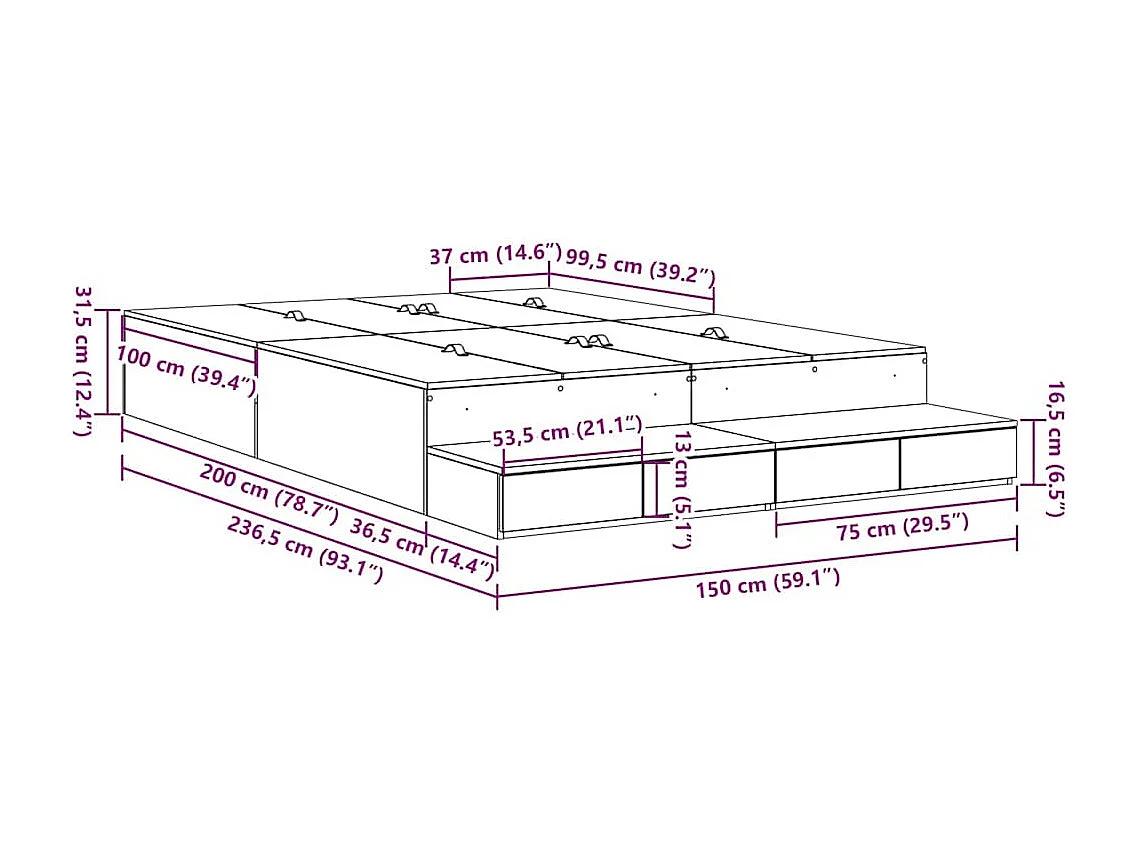 Opbergbedframe met lade Sonoma Eiken 150 cm Bewerkt hout