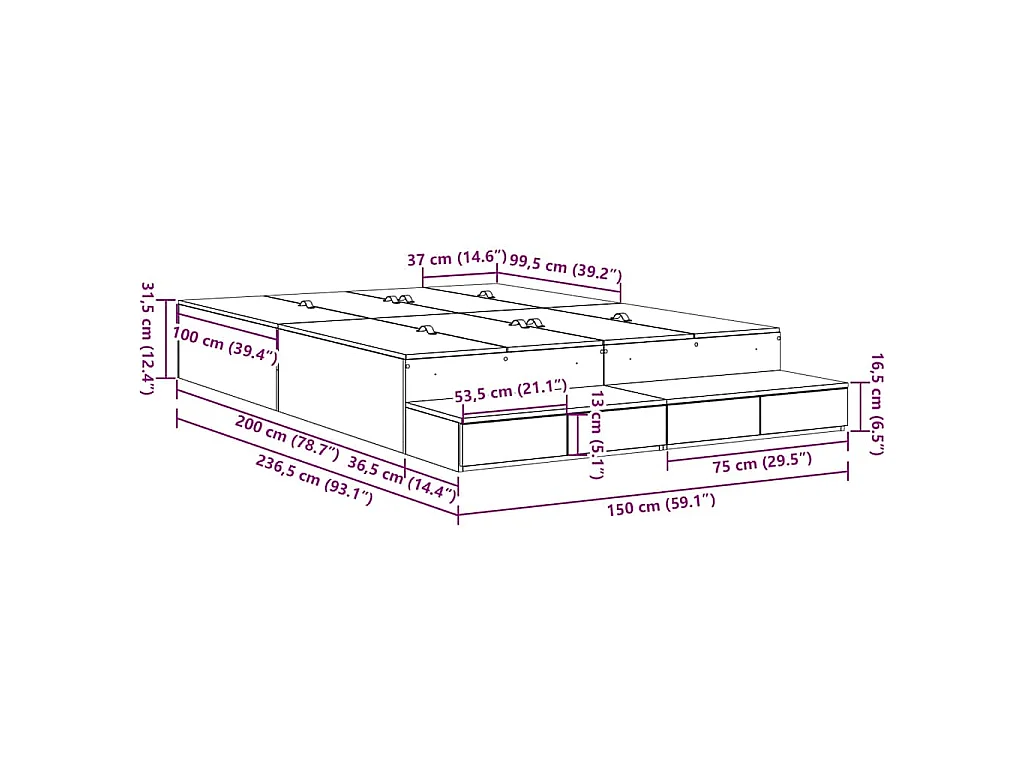 Estrado de cama com arrumação com gaveta Carvalho Sonoma 150 cm
