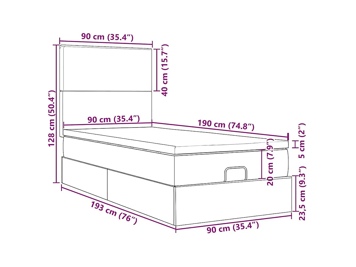 Cadre de lit ottoman avec matelas bleu foncé 90x190 cm velours