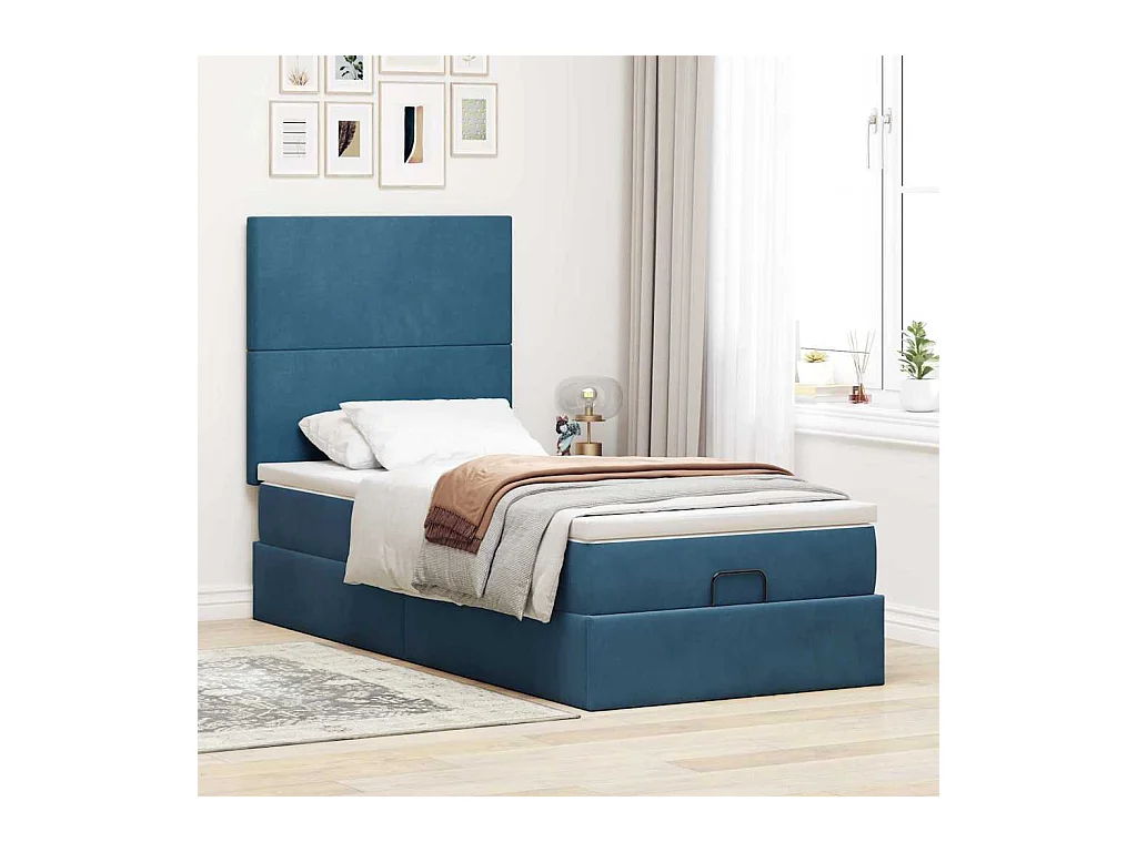 Cadre de lit ottoman avec matelas bleu foncé 90x190 cm velours