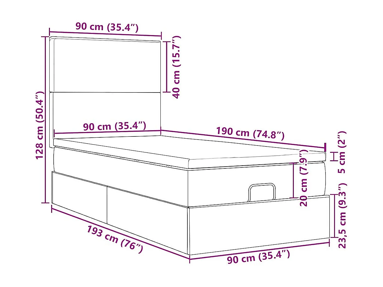 Cadre de lit ottoman avec matelas bleu foncé 90x190 cm velours
