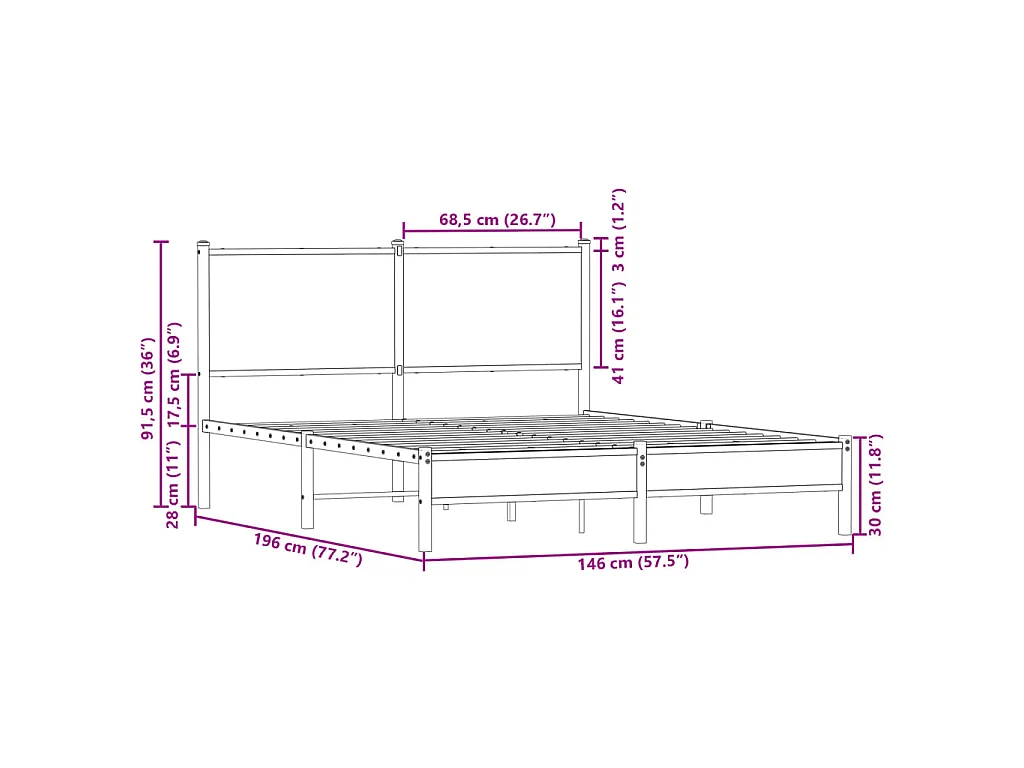 Cadre de lit en métal sans matelas chêne fumé 140x190 cm