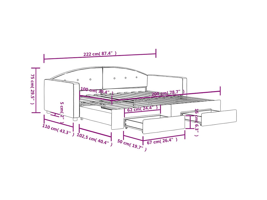 Slaapbank onderschuifbed lades 100x200 cm fluweel donkergrijs