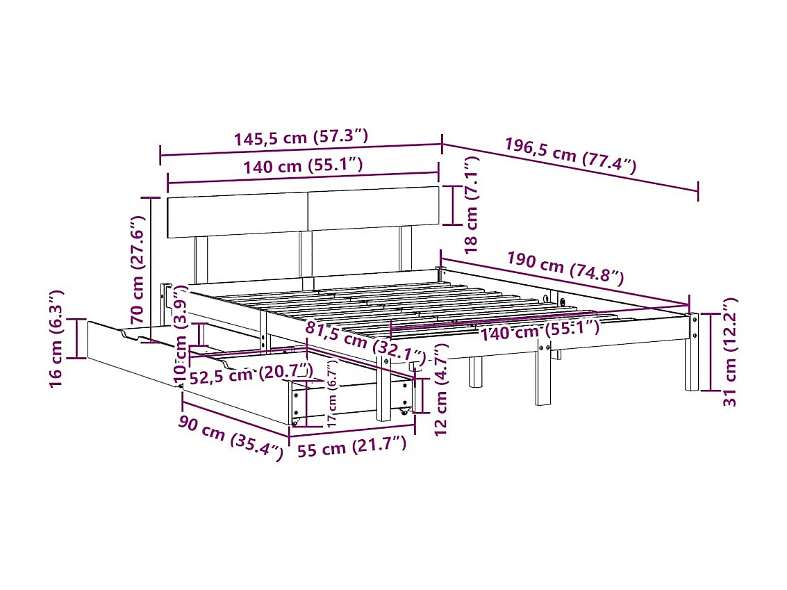 Cadre de lit sans matelas 140x190 cm bois de pin massif