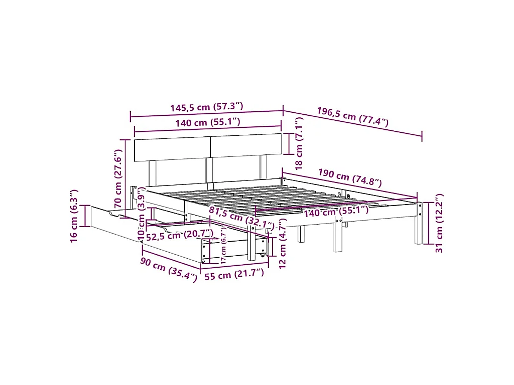 Bedframe zonder matras massief grenenhout 140x190 cm