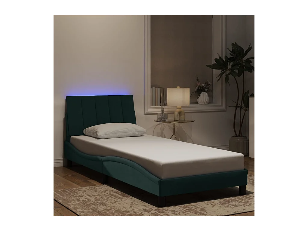 Cadre de lit avec LED sans matelas Hanko vert foncé 90x190 cm velours