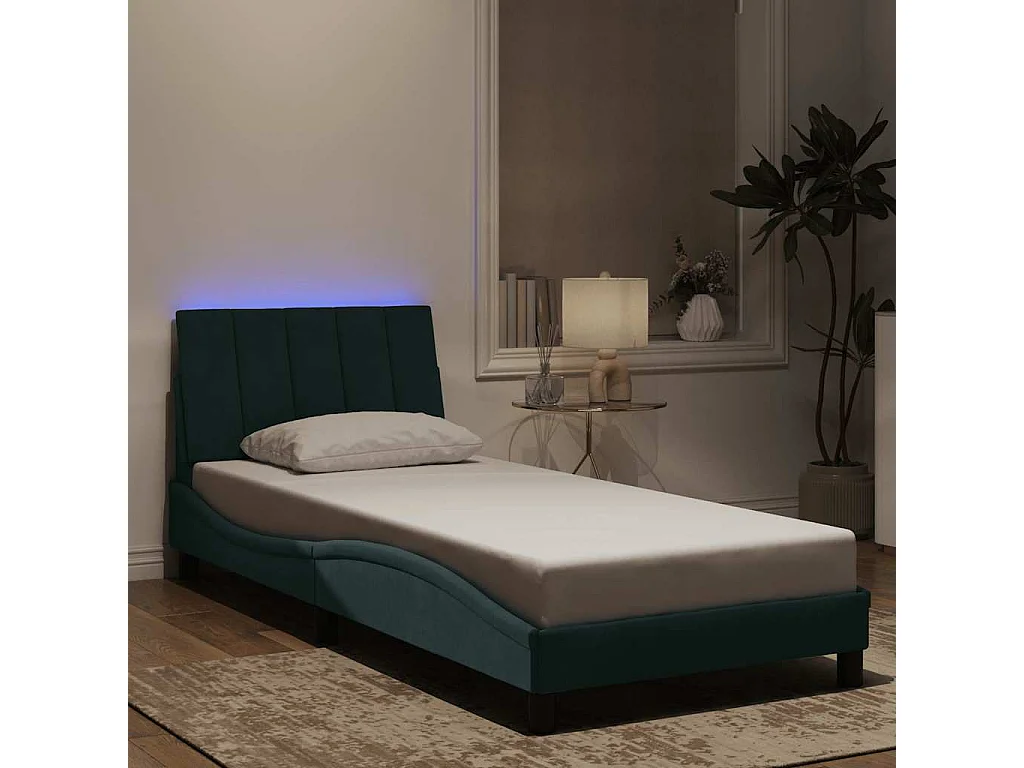 Bedframe met LED zonder matras "Hanko"  fluweel donkergroen 90x190 cm