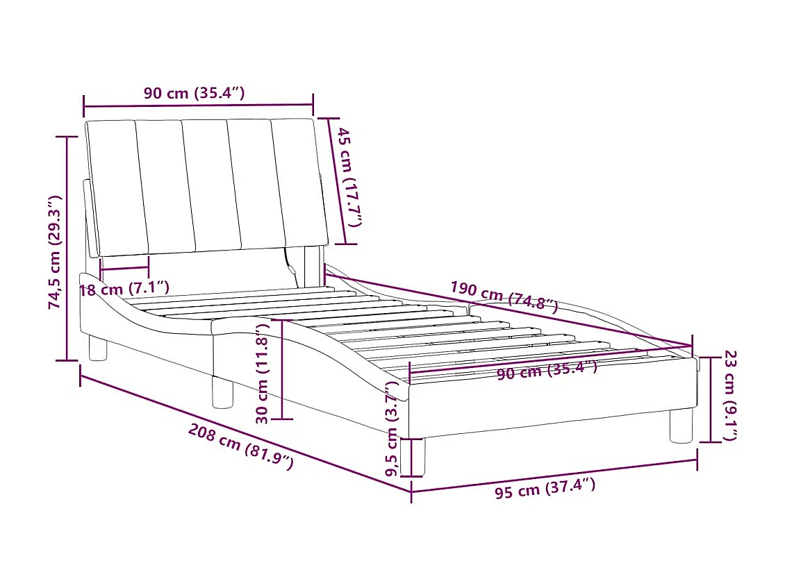 Bedframe met LED zonder matras "Hanko"  fluweel donkergroen 90x190 cm