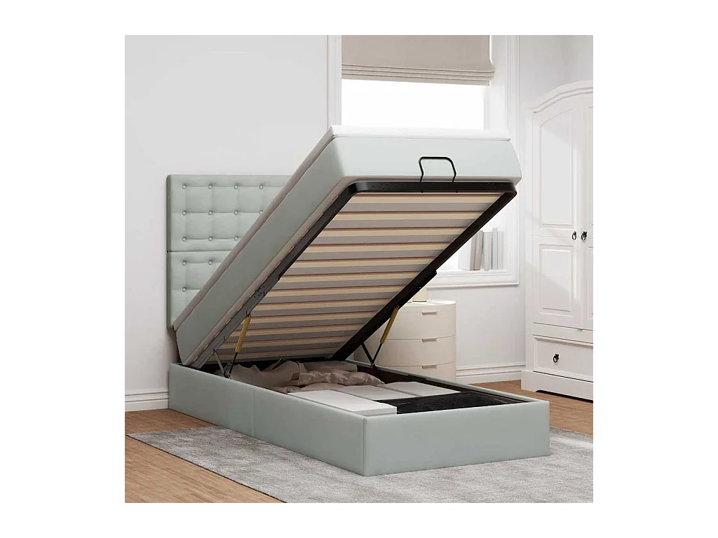 Cadre de lit ottoman et matelas gris clair 90x200 cm velours
