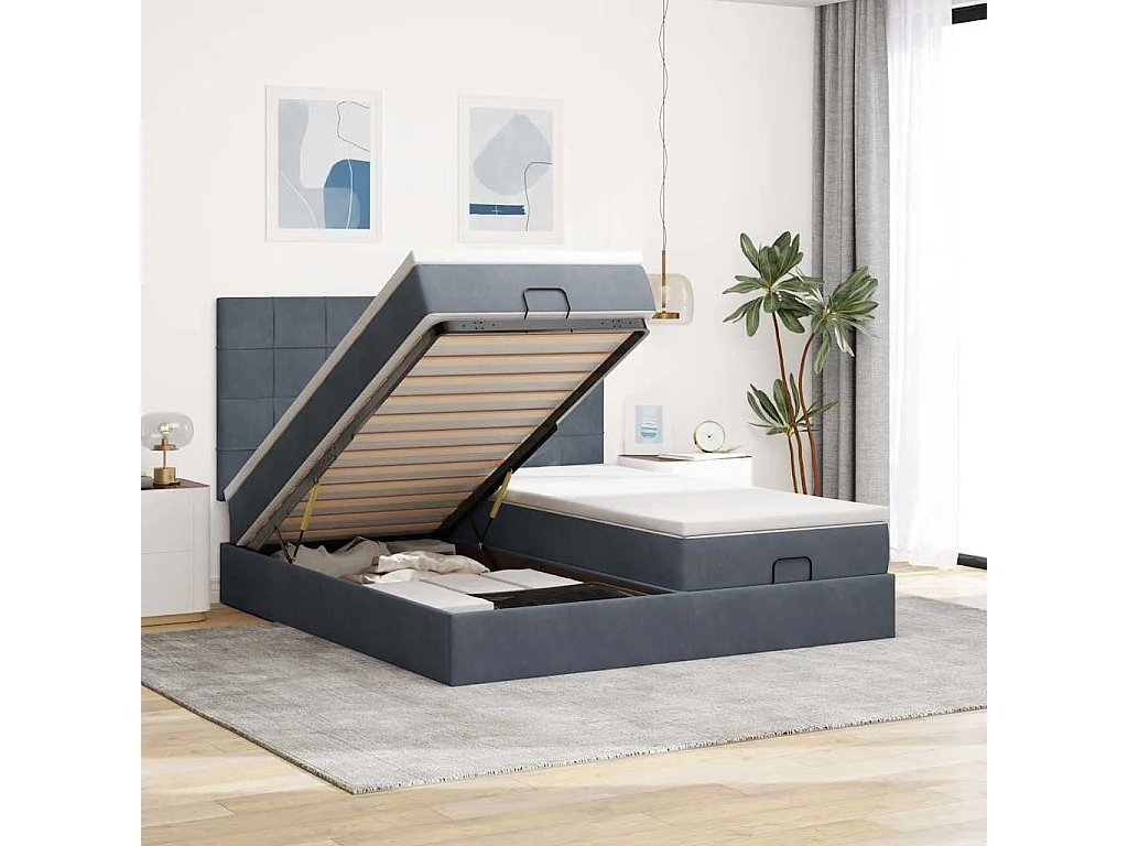 Ottoman-Bett mit Matratzen & LEDs Dunkelgrau 160x200 cm Samt