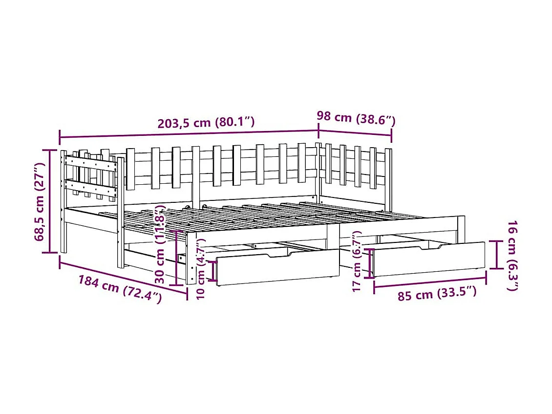 Slaapbank met onderschuifbed en lades zonder matras 90x200 cm