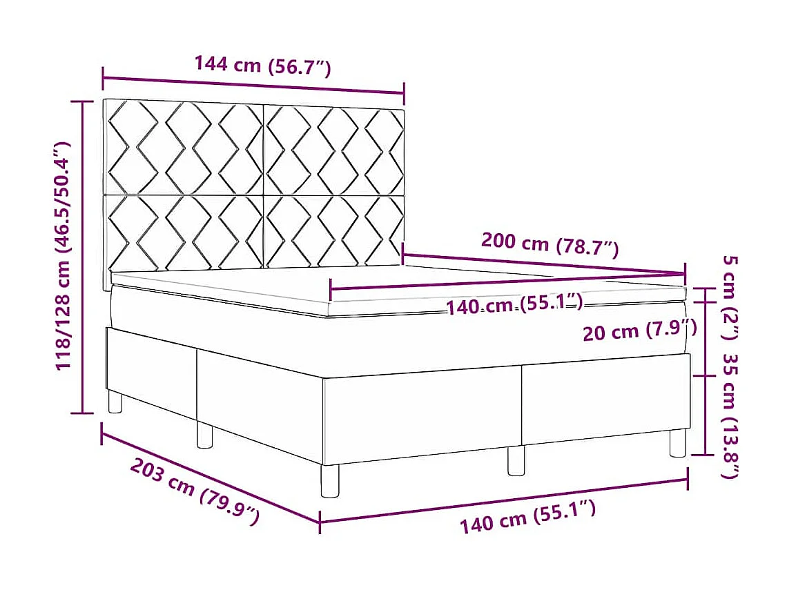 Cama Box com colchão com cabeceira Preto 140 x 200 cm tecido