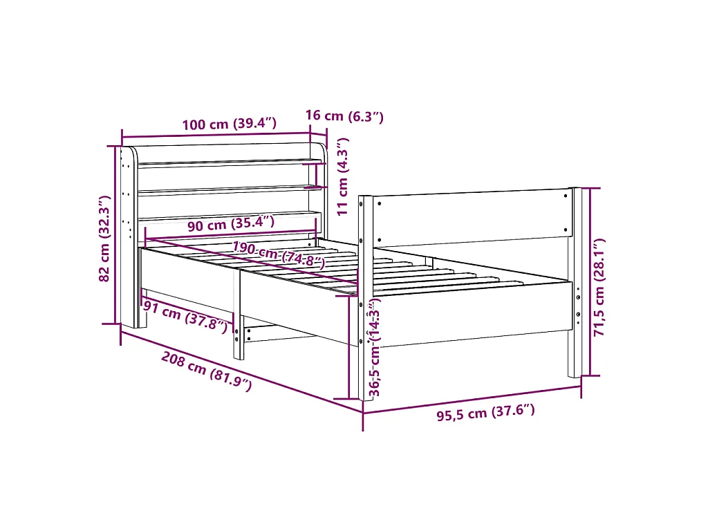 Bedframe zonder matras massief grenenhout wit 90x190 cm