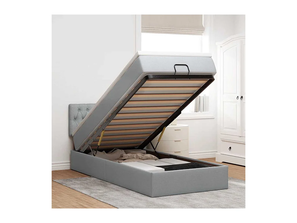 Ottoman-Bett mit Matratze & LEDs Hellgrau 90x190 cm Stoff