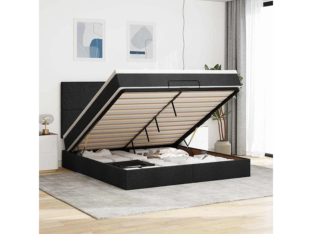 Ottoman-Bett mit Matratze & LEDs Schwarz 180x200 cm Stoff