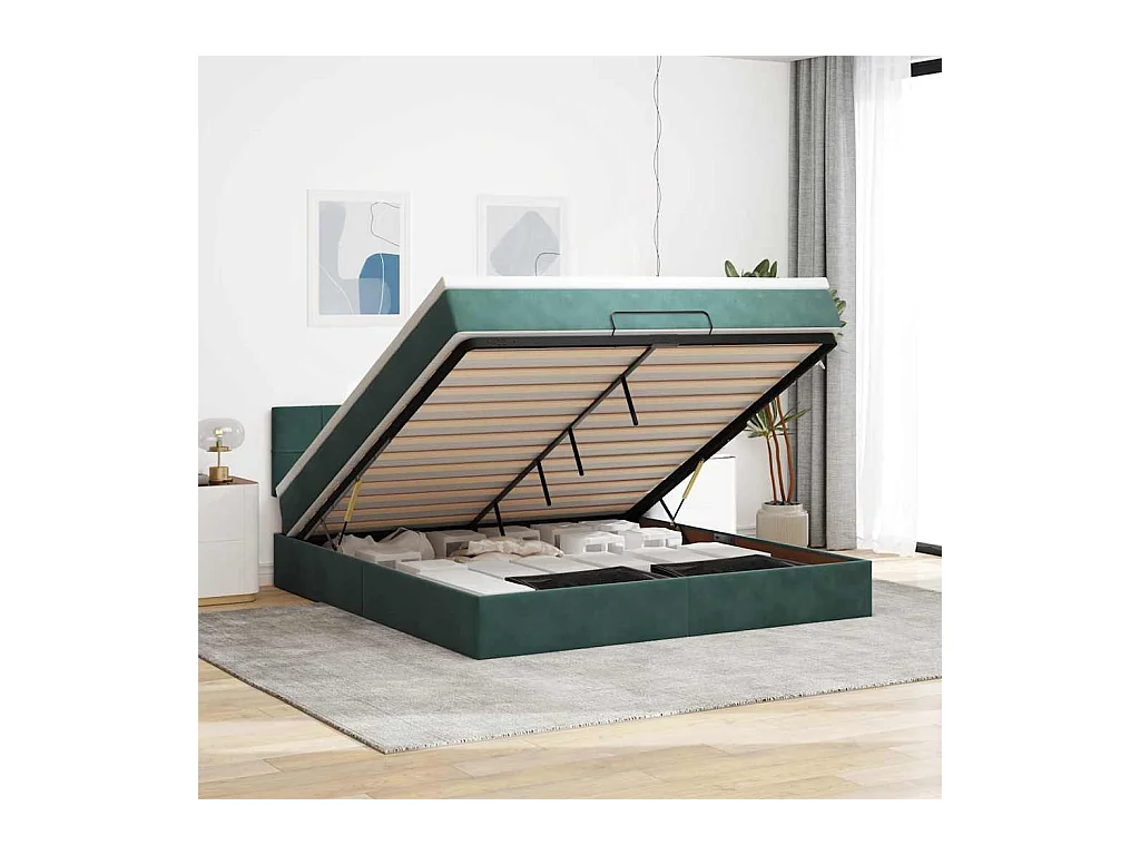 Cadre de lit ottoman avec matelas vert foncé 160x200 cm velours