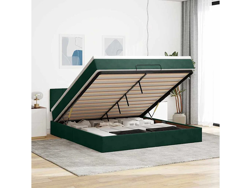 Cadre de lit ottoman avec matelas vert foncé 160x200 cm velours