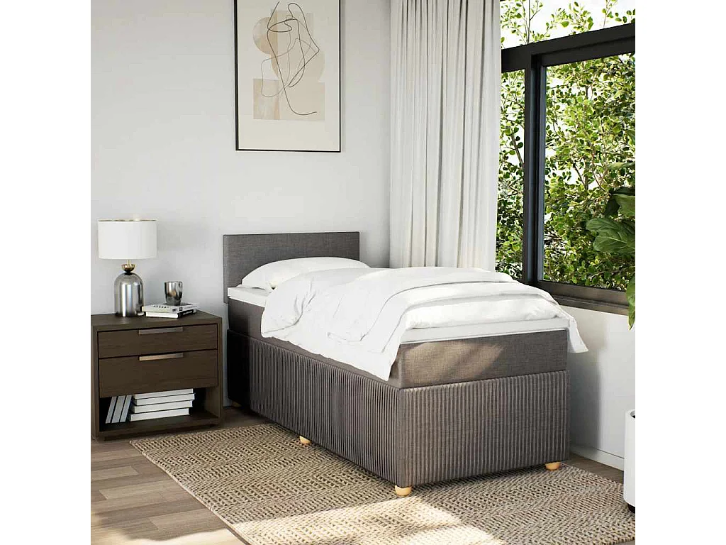 Cama box spring con colchón tela gris taupe 90x200 cm