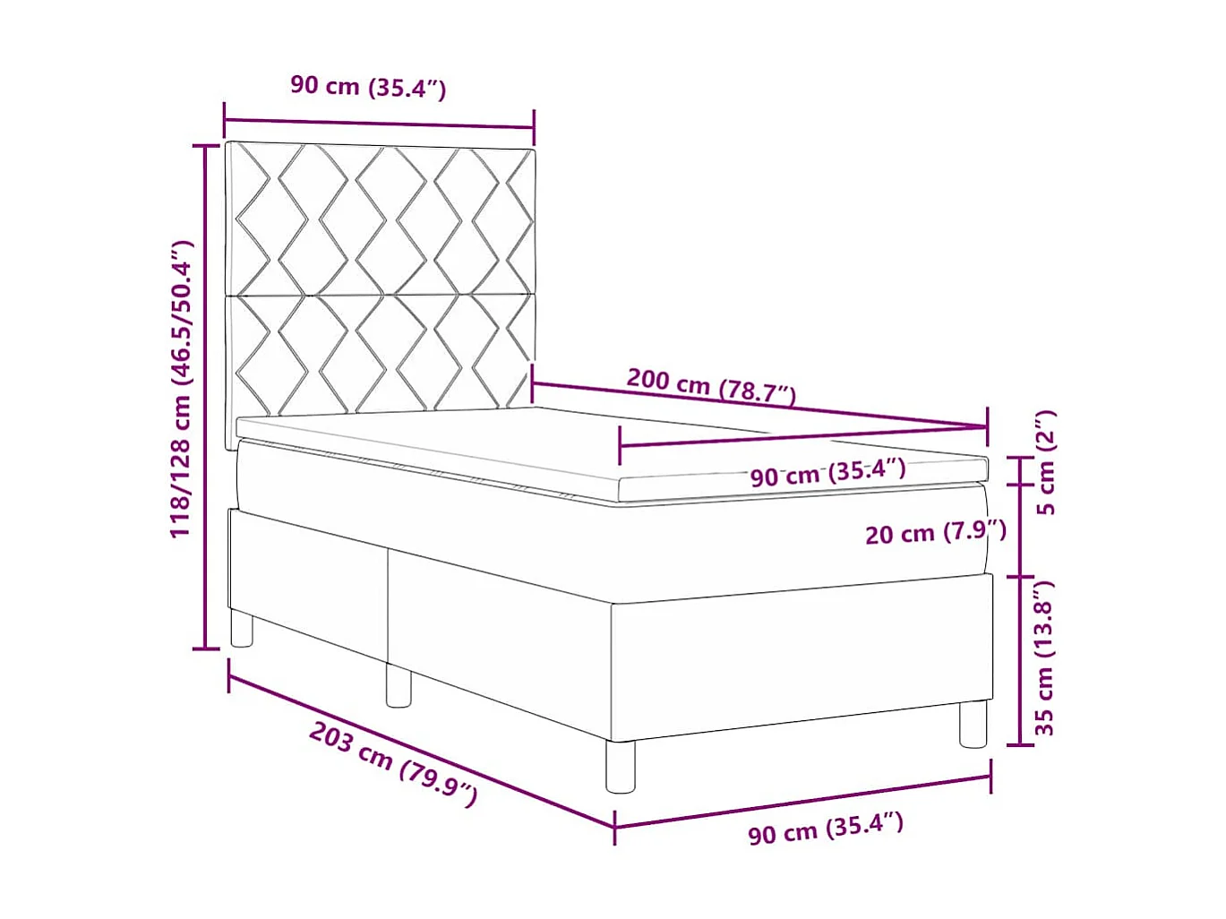 Cama Box com colchão Cinzento escuro 90 x 200 cm tecido