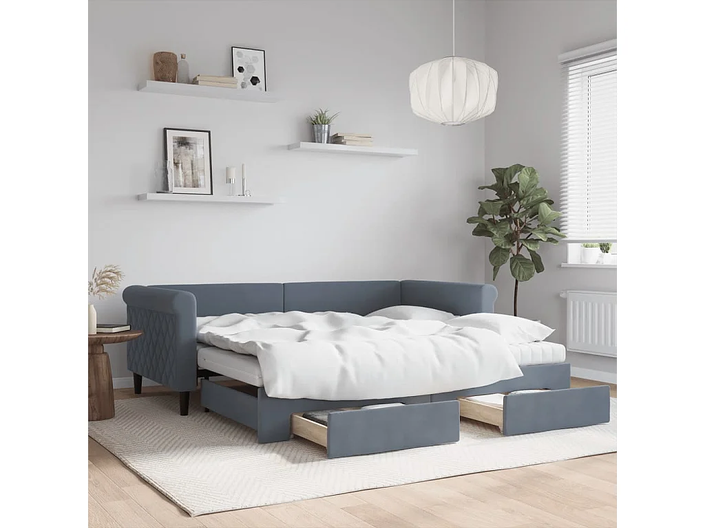 Lit de jour avec gigogne et tiroirs gris foncé 90x190cm velours