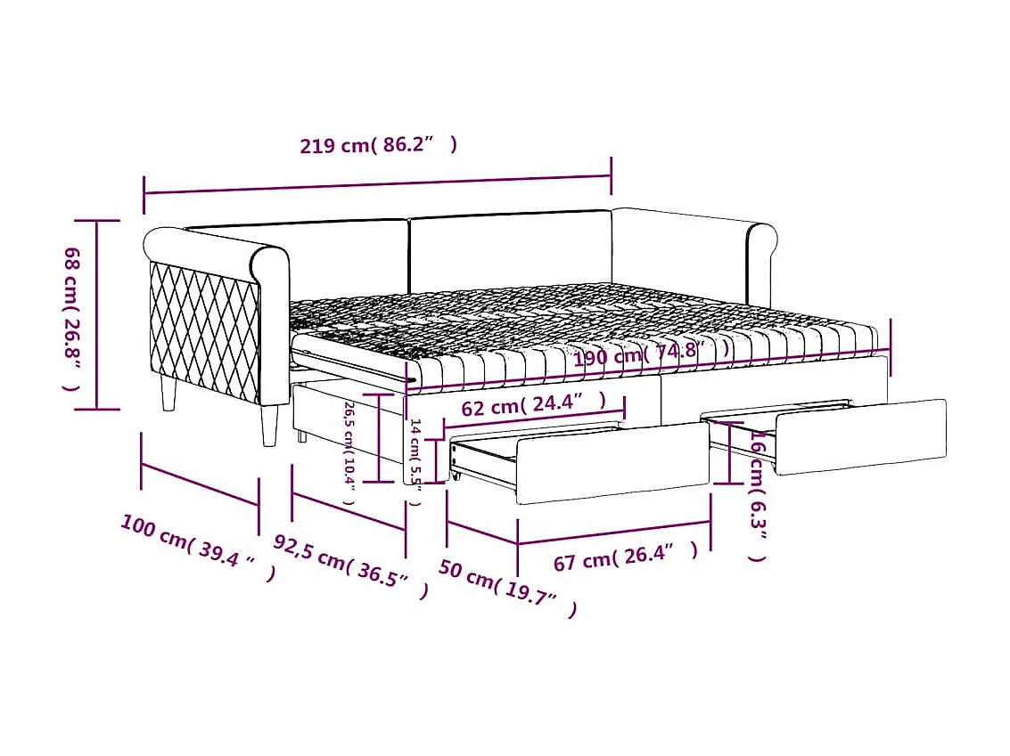 Lit de jour avec gigogne et tiroirs gris foncé 90x190cm velours