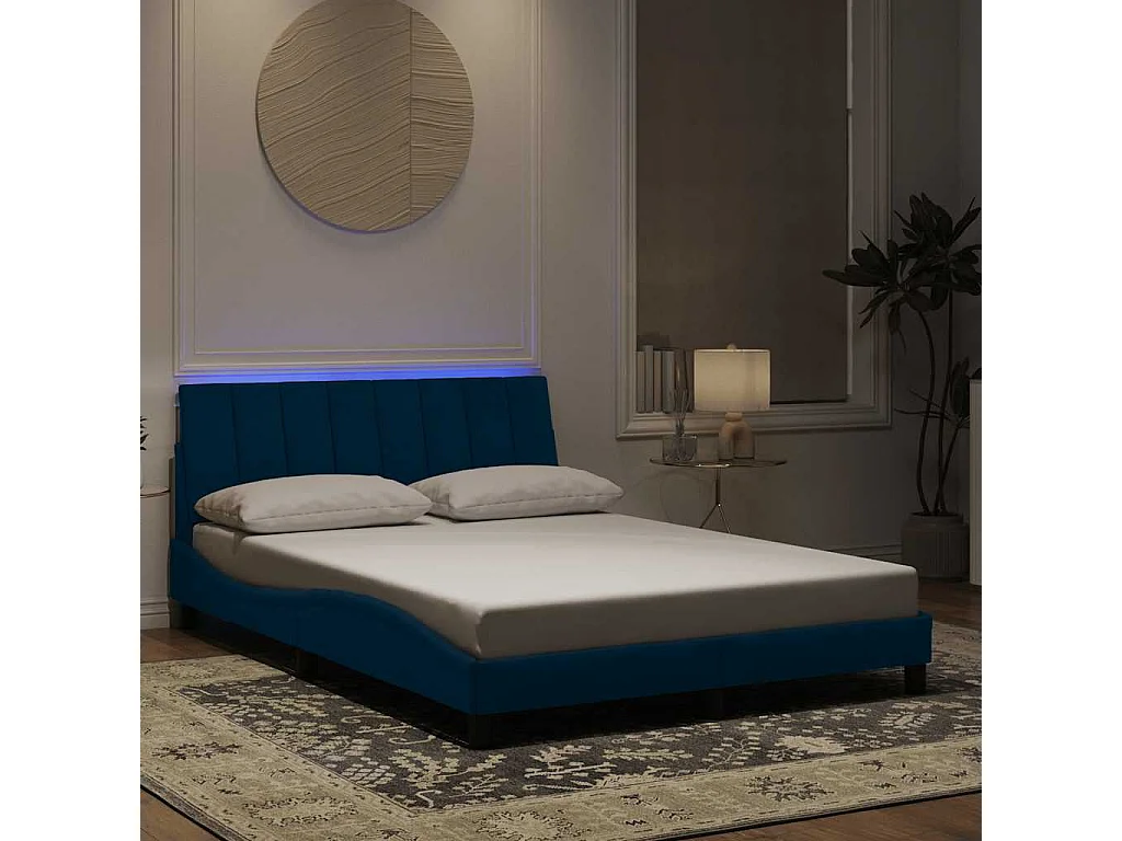 Cadre de lit avec LED sans matelas Hanko bleu 140x200 cm velours