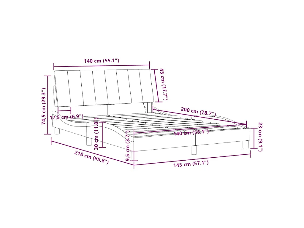 Cadre de lit avec LED sans matelas Hanko bleu 140x200 cm velours