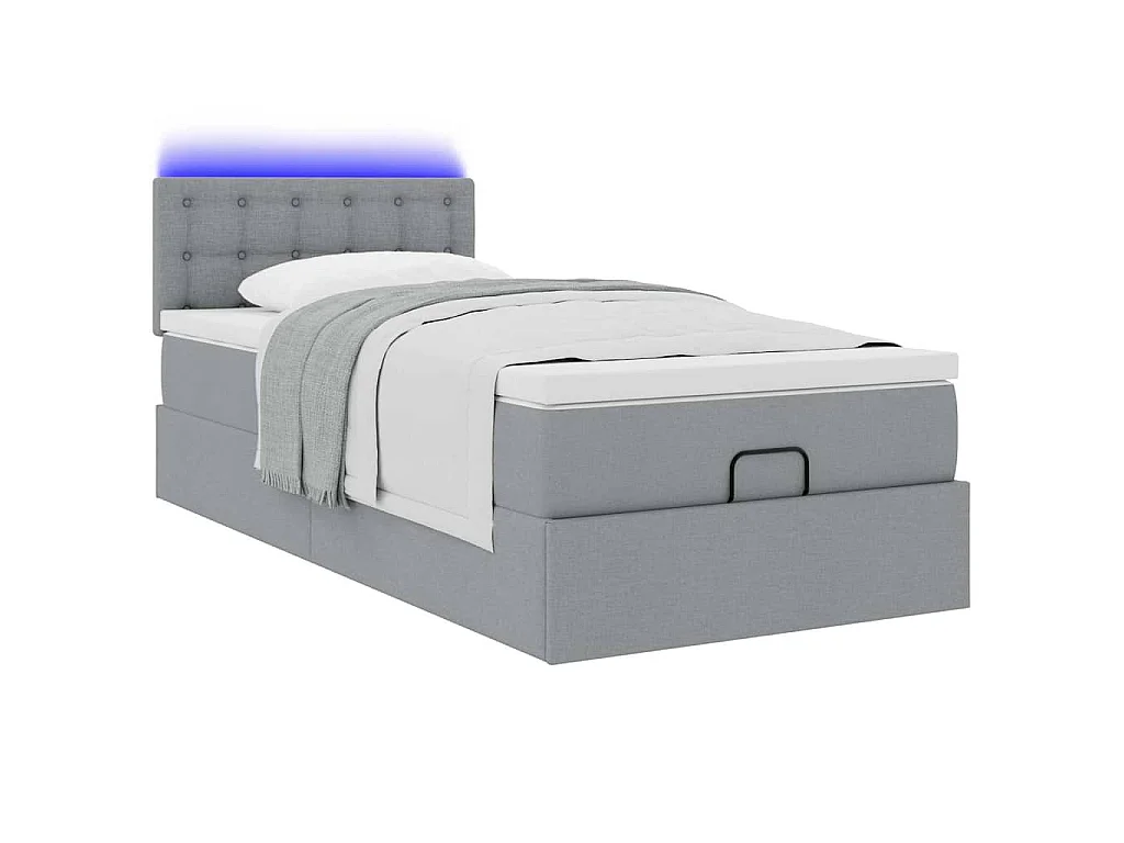 Cama otomana con colchón y LED tela gris claro 90x200 cm