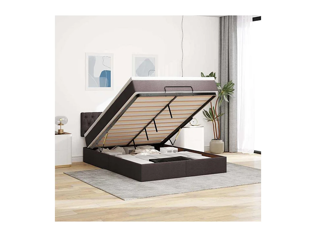 Cadre de lit ottoman avec matelas marron foncé 140x200 cm tissu