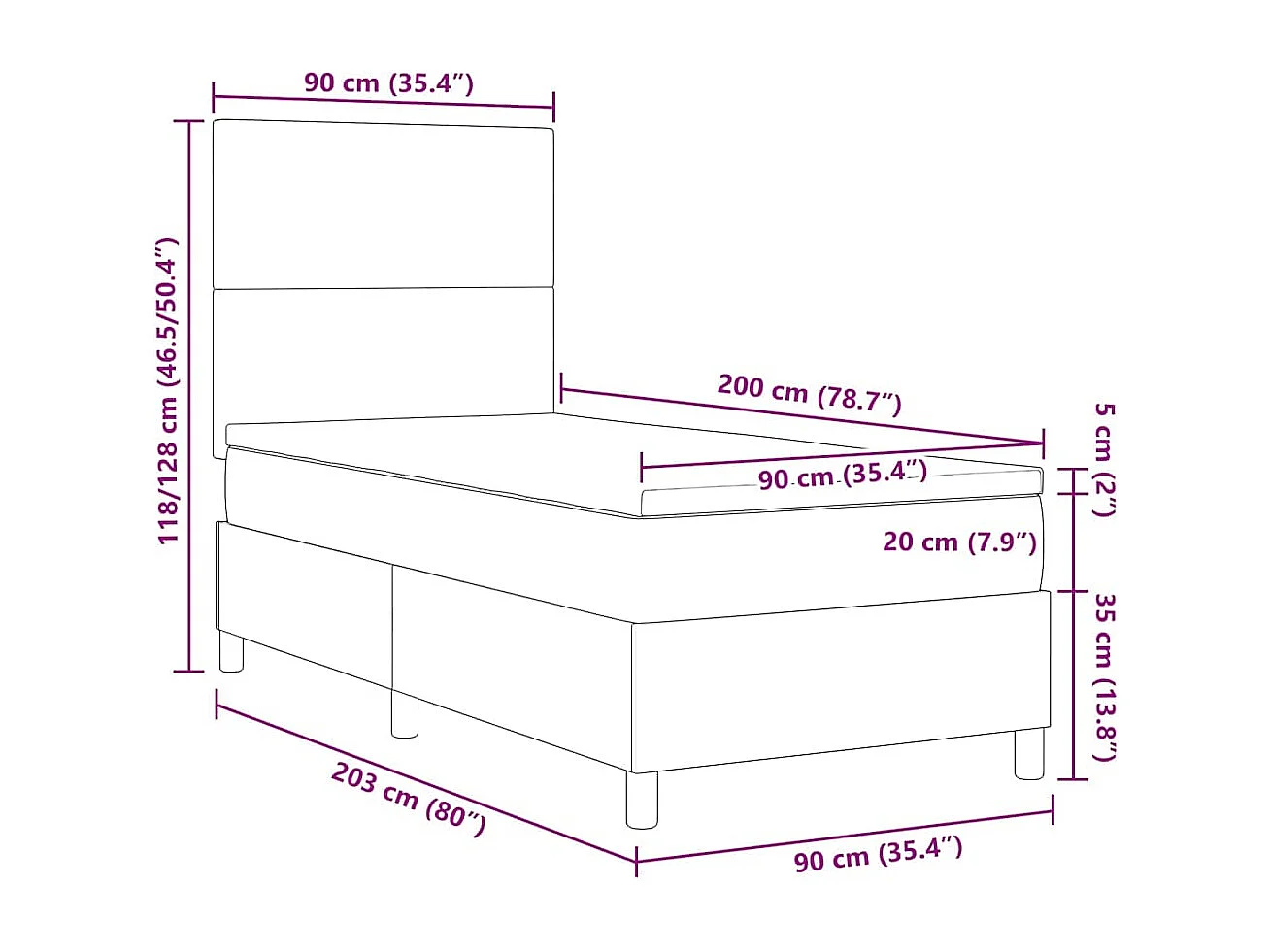 Boxspringbed Lichtgrijs en wit. 90 x 200 cm Katoen Stof