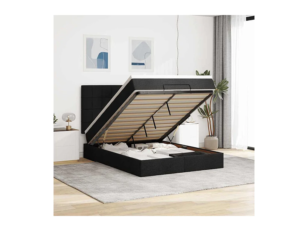 Cadre de lit ottoman avec matelas noir 140x190 cm tissu