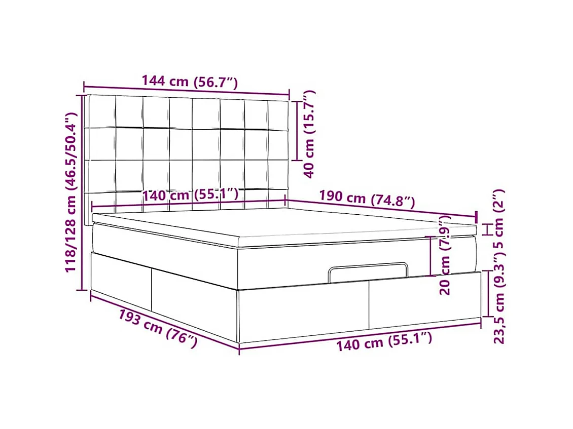 Cadre de lit ottoman avec matelas noir 140x190 cm tissu
