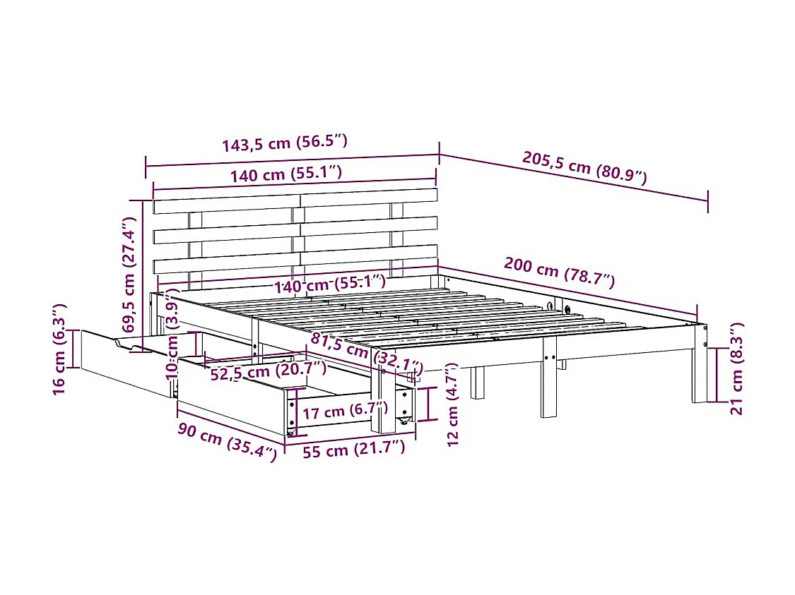 Giroletto con Cassetti 140x200 cm in Legno Massello di Pino