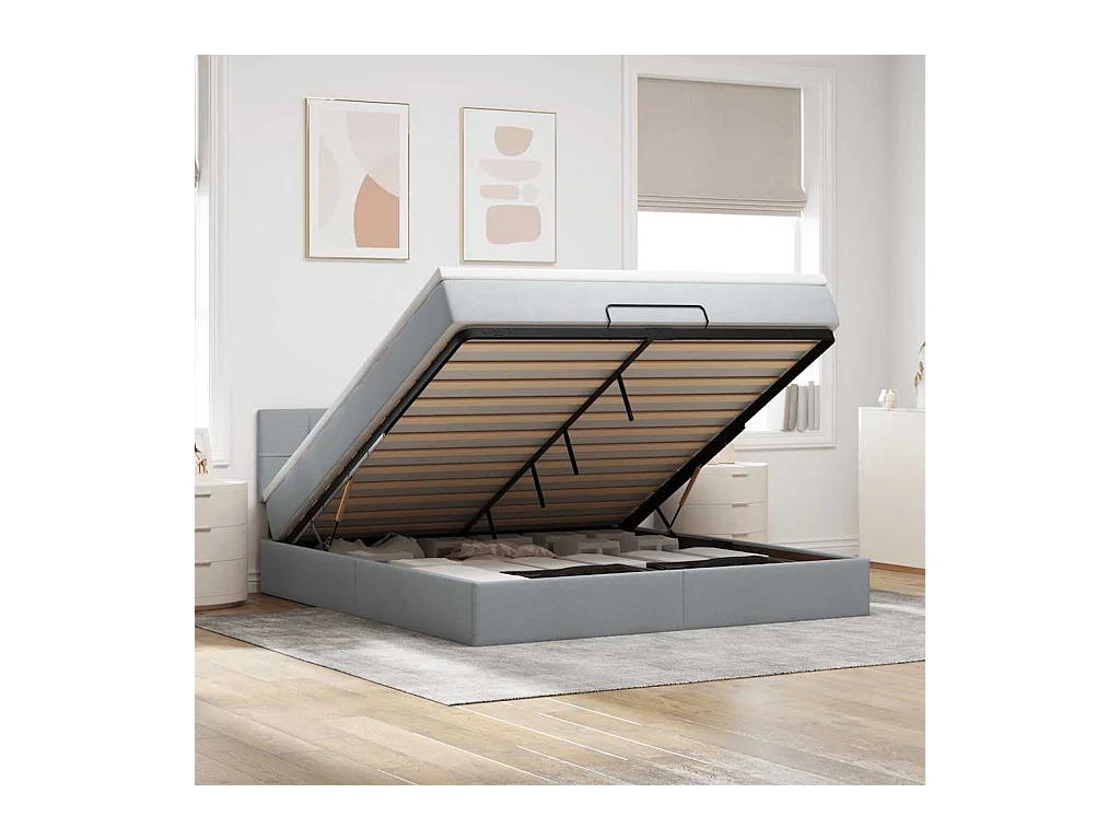 Cadre de lit ottoman et matelas gris clair 180x200 cm tissu