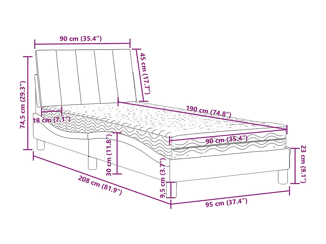 Lit avec matelas Hanko bleu 90x190 cm velours