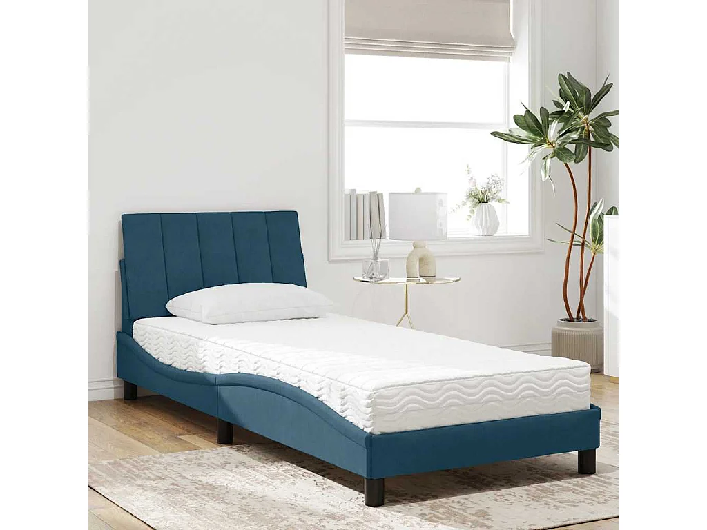 Lit avec matelas Hanko bleu 90x190 cm velours