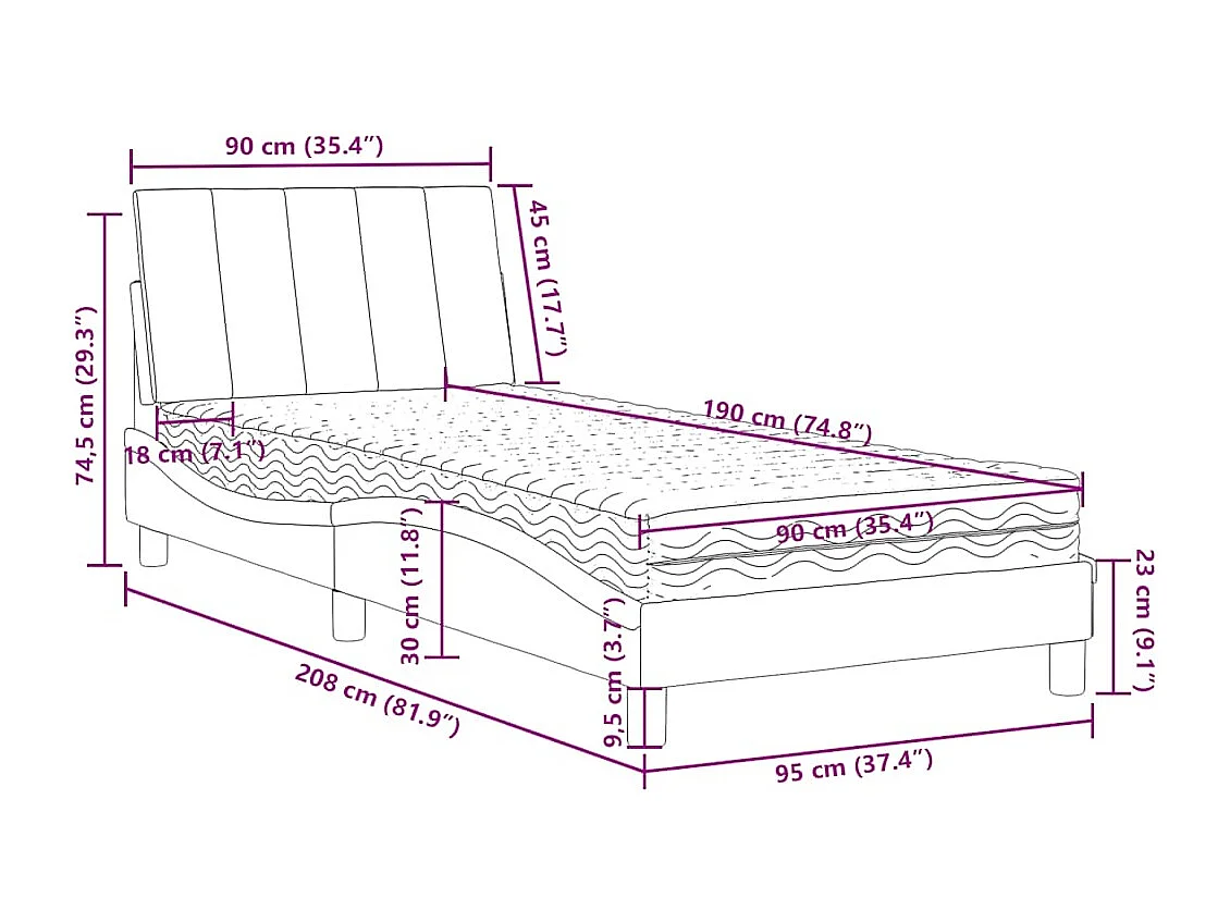 Lit avec matelas Hanko bleu 90x190 cm velours
