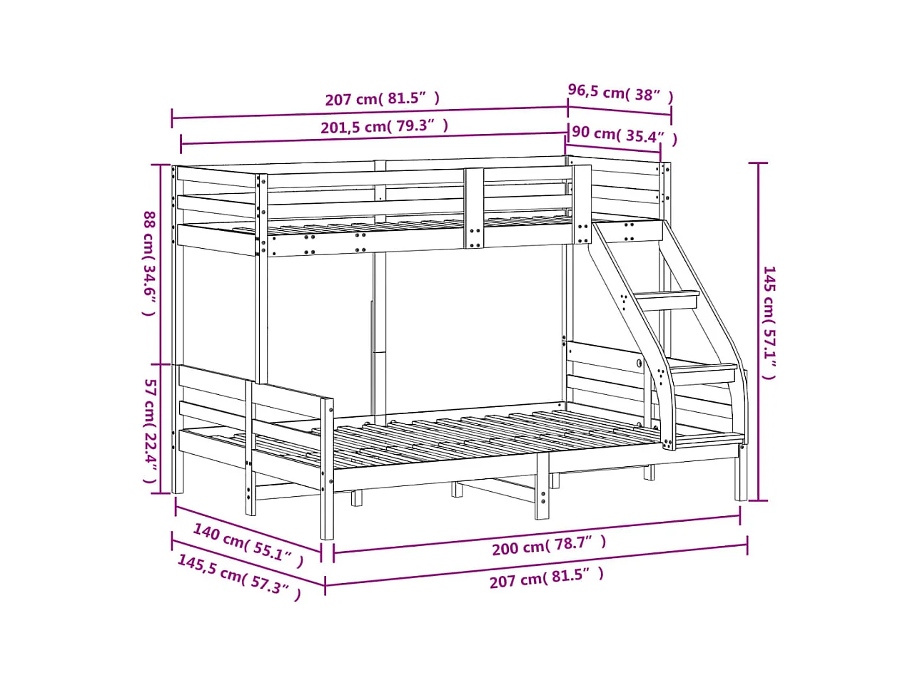 Etagenbett 90x200/140x200 cm Weiß Massivholz Kiefer