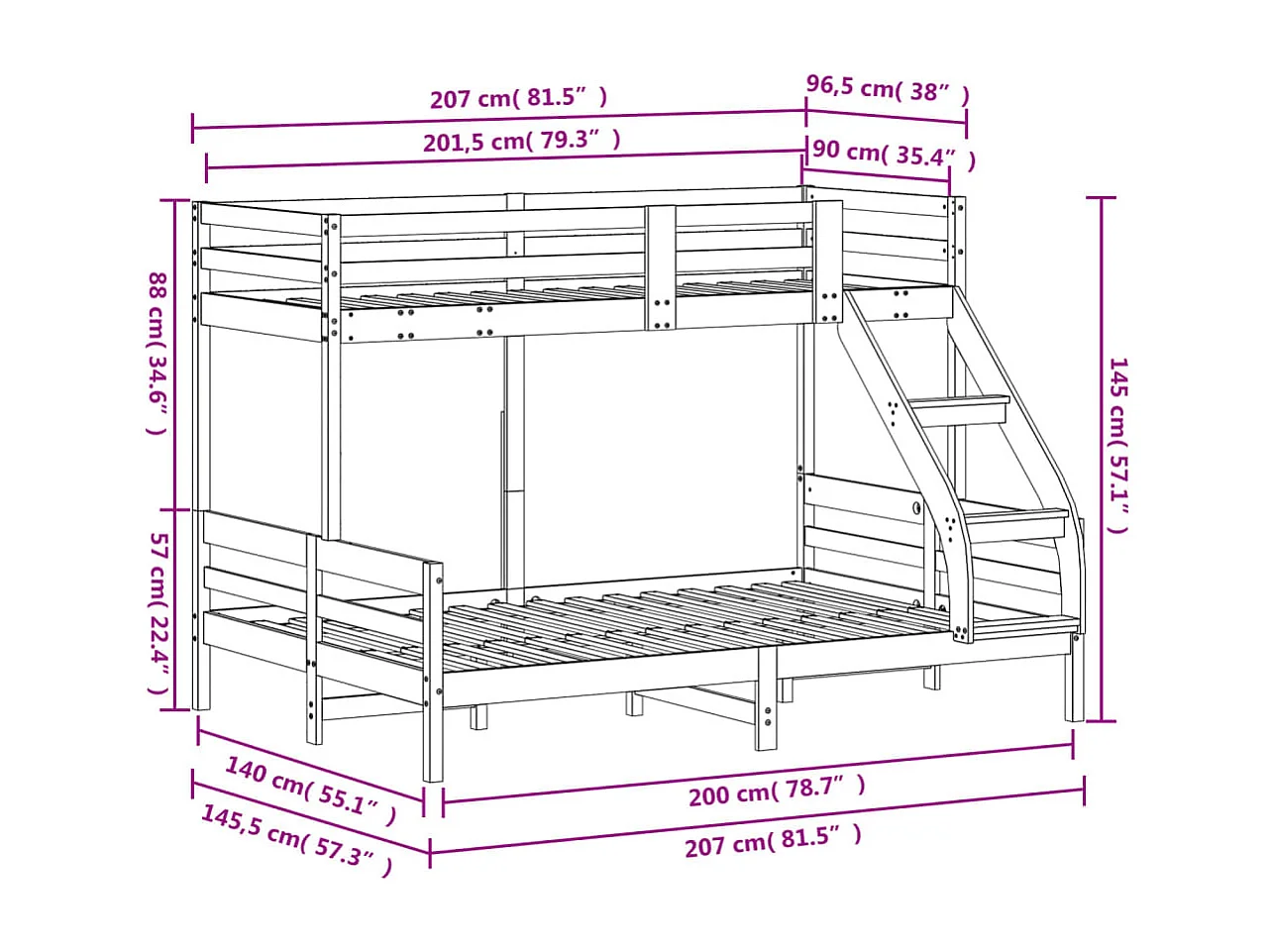 Etagenbett 90x200/140x200 cm Weiß Massivholz Kiefer