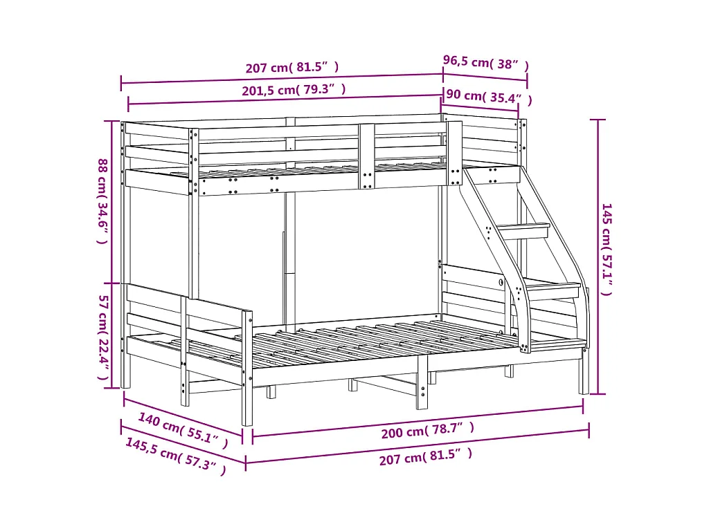 Lit superposé sans matelas 90x200/140x200 cm blanc bois massif