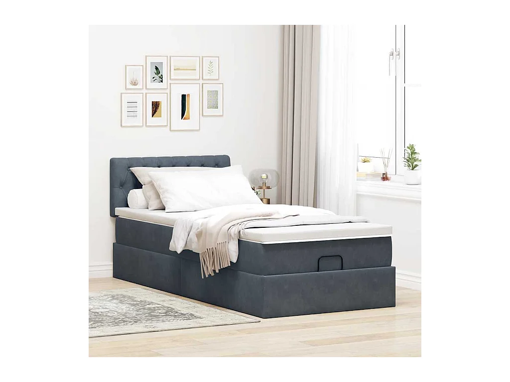 Cadre de lit ottoman avec matelas gris foncé 90x190 cm velours