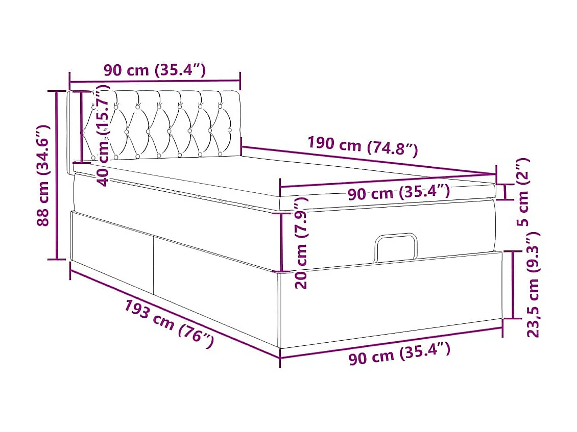 Cadre de lit ottoman avec matelas gris foncé 90x190 cm velours