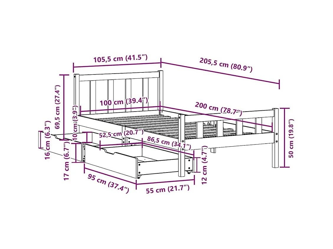Giroletto senza Materasso 100x200 cm in Legno Massello di Pino