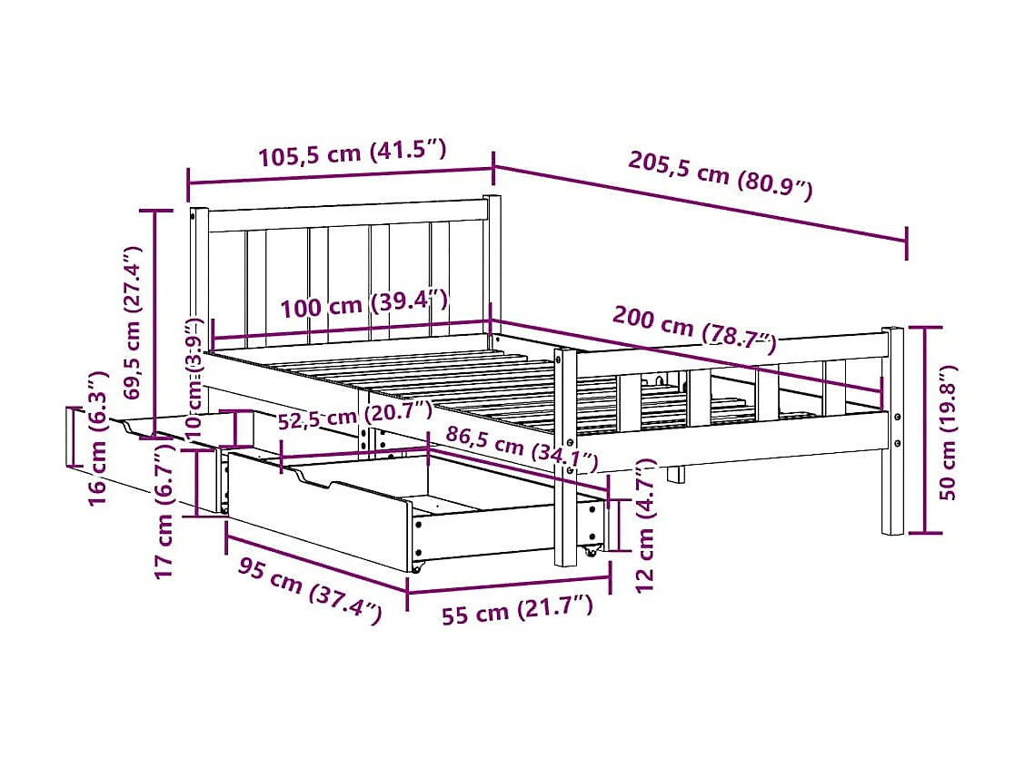 Cadre de lit sans matelas 100x200 cm bois massif de pin