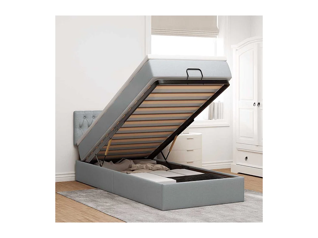 Lit ottoman avec matelas gris clair 90x200 cm tissu