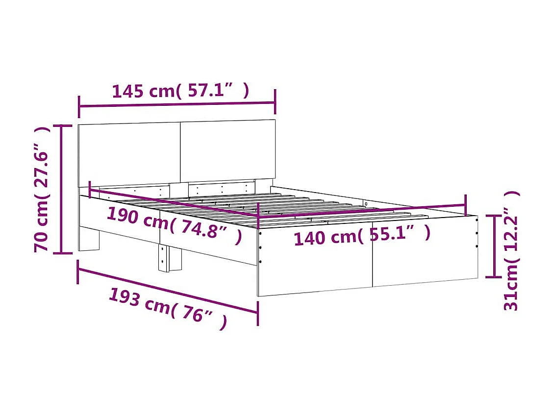 Bettgestell mit Kopfteil LED-Beleuchtung Grau Sonoma 140x190 cm