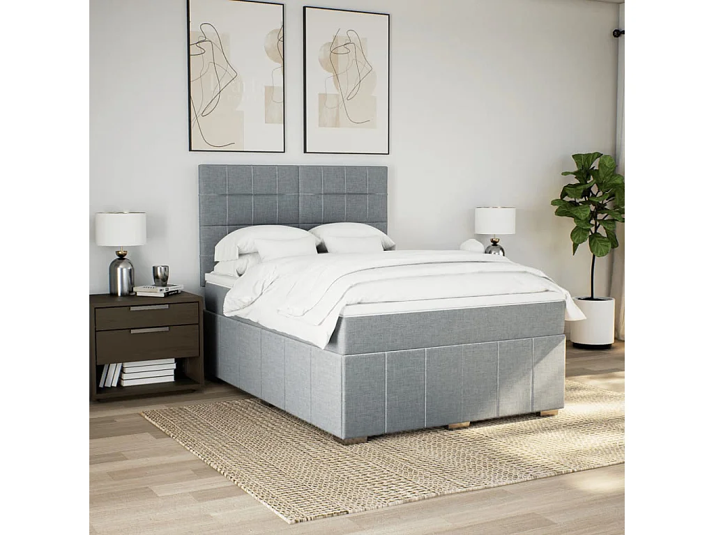 Cama box spring con colchón tela gris claro 160x200 cm