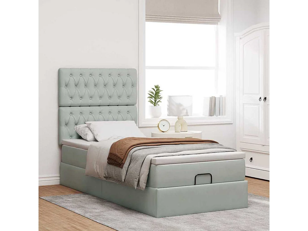 Ottoman-Bett mit Matratzen & LEDs Hellgrau 100x200 cm Samt