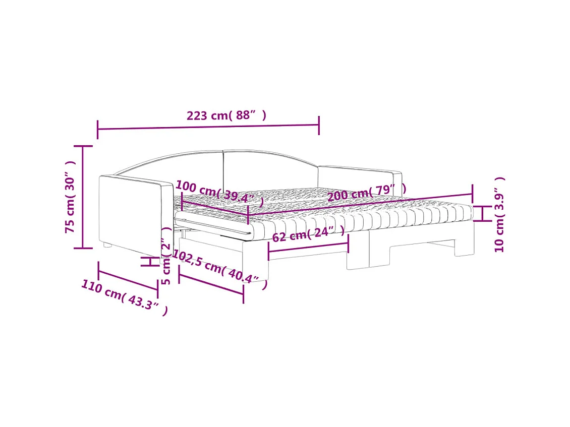 Lit de jour avec gigogne et matelas noir 100x200 cm tissu
