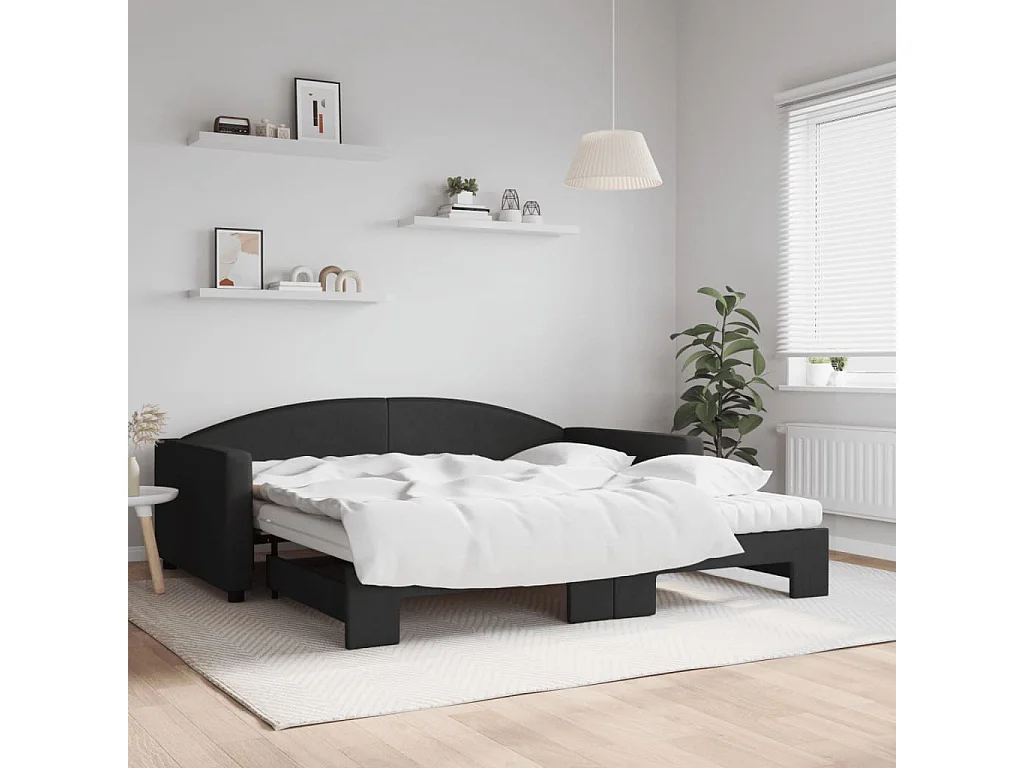 Lit de jour avec gigogne et matelas noir 100x200 cm tissu